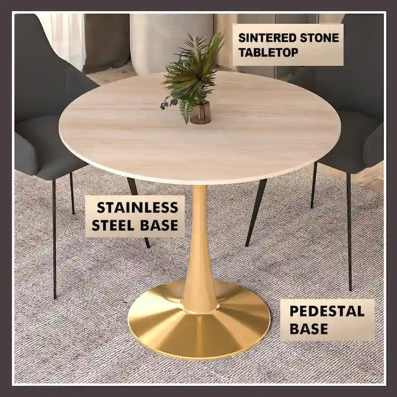 31 Round Dining Table (4-Seater) — Sintered Stone Top, Gold Steel Base; Suitable for Kitchens and Dining Rooms