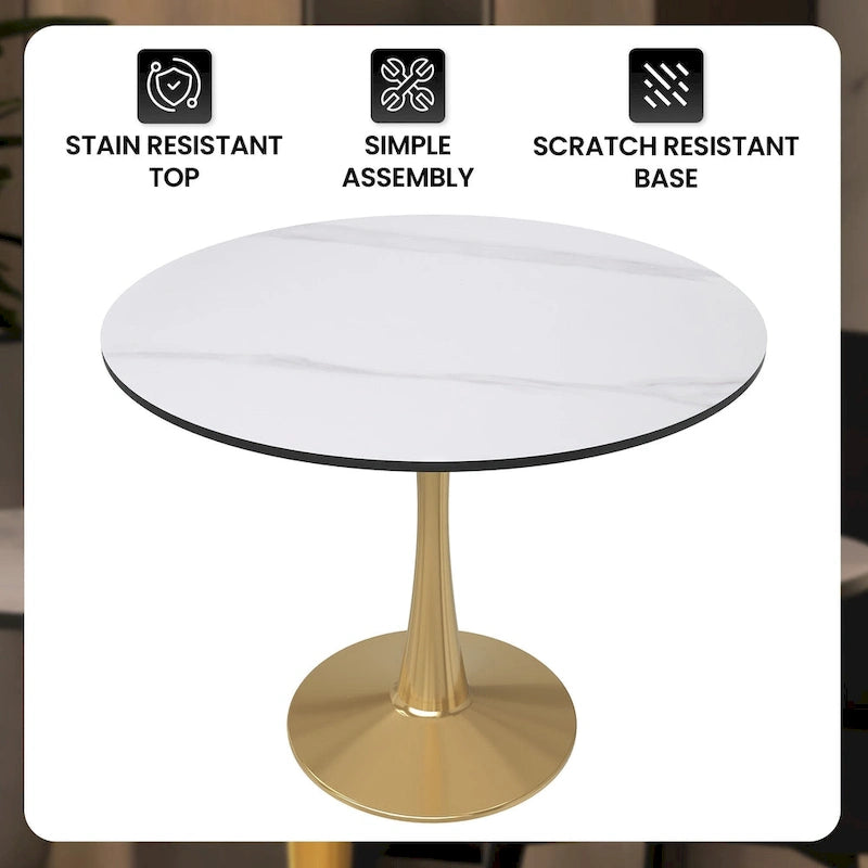 31 Round Dining Table (4-Seater) — Sintered Stone Top, Gold Steel Base; Suitable for Kitchens and Dining Rooms