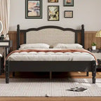 Wooden Platform Bed with Natural Rattan Headboard