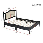 Wooden Platform Bed with Natural Rattan Headboard