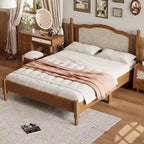 Wooden Platform Bed with Natural Rattan Headboard