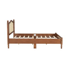 Wooden Platform Bed with Natural Rattan Headboard