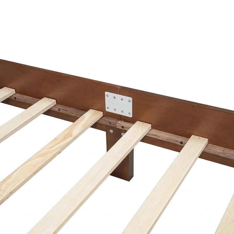 Wooden Platform Bed with Natural Rattan Headboard