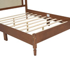 Wooden Platform Bed with Natural Rattan Headboard