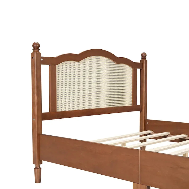 Wooden Platform Bed with Natural Rattan Headboard