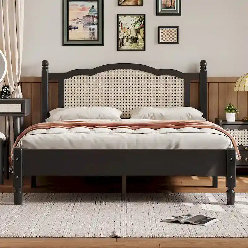 Wooden Platform Bed with Natural Rattan Headboard