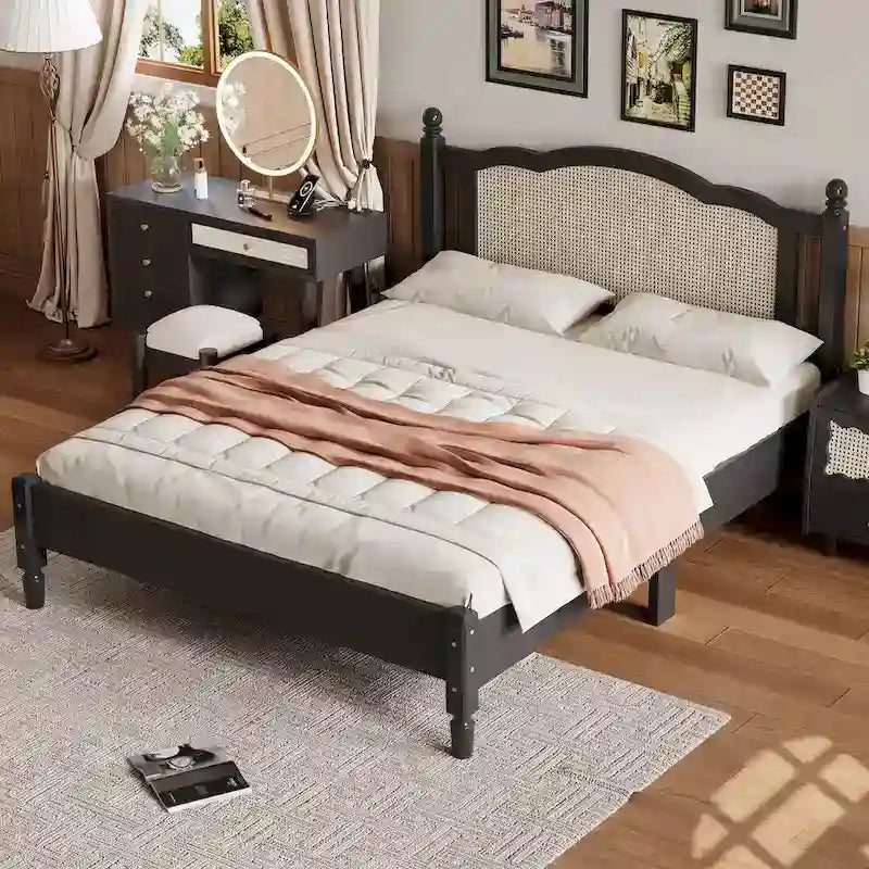 Wooden Platform Bed with Natural Rattan Headboard