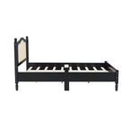 Wooden Platform Bed with Natural Rattan Headboard