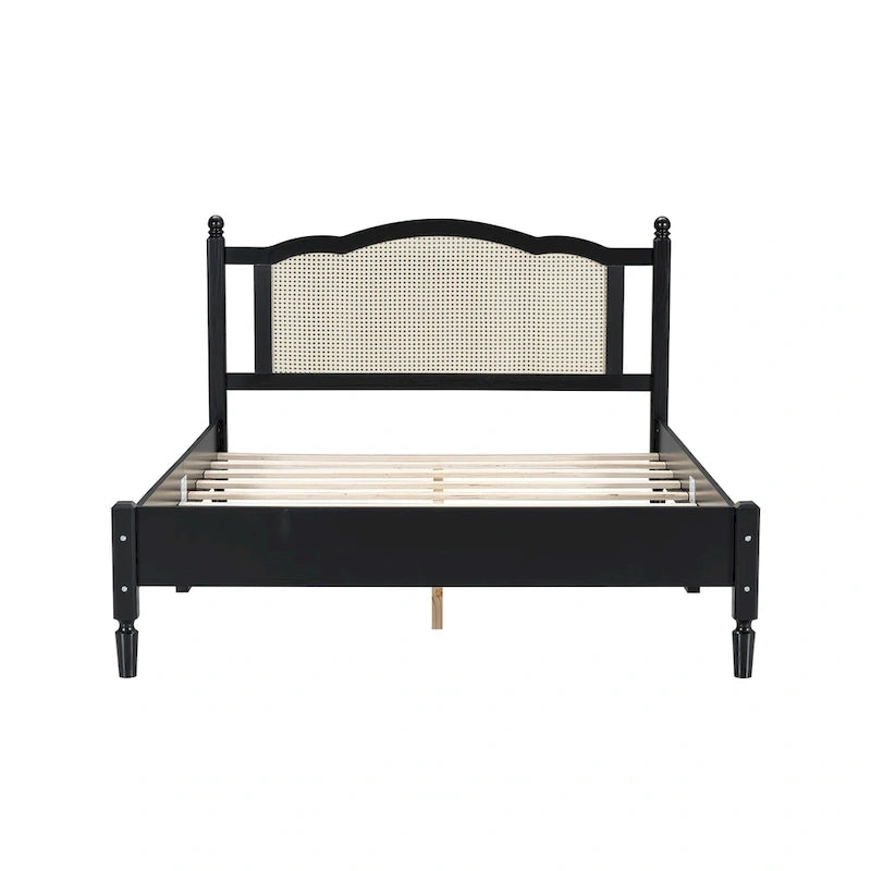 Wooden Platform Bed with Natural Rattan Headboard