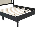 Wooden Platform Bed with Natural Rattan Headboard