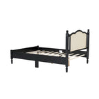 Wooden Platform Bed with Natural Rattan Headboard
