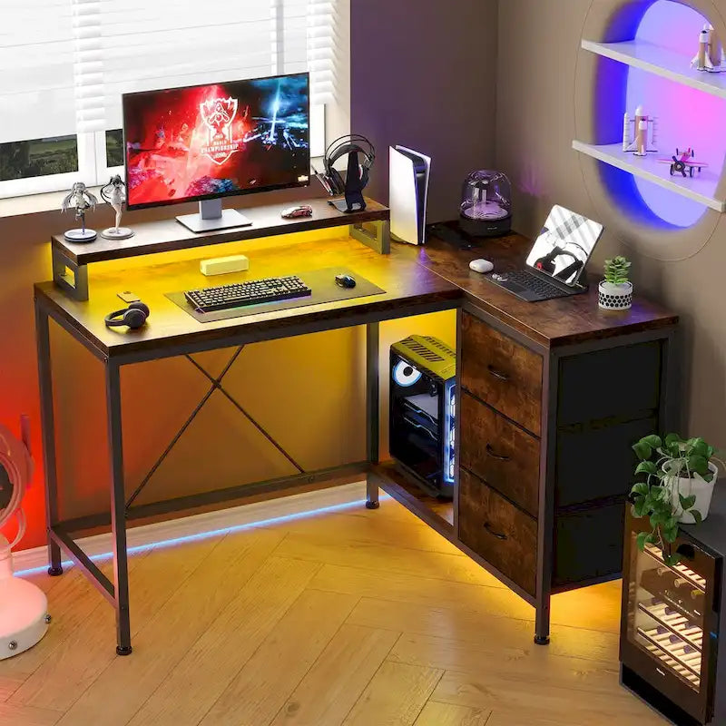 GIMMYFIVE L Shaped Gaming Desk with Power Outlets & LED Lights