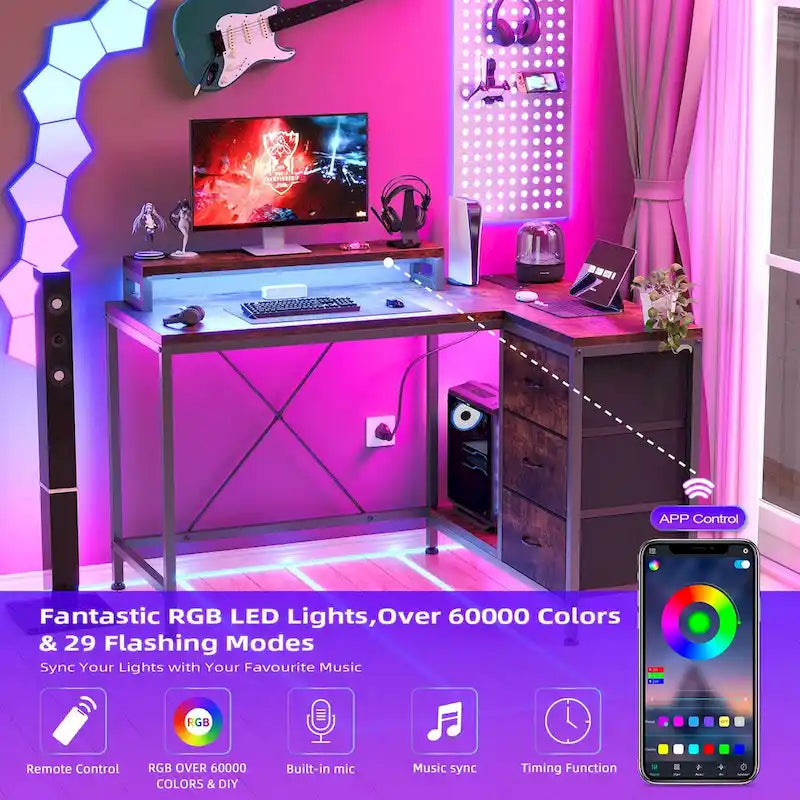 GIMMYFIVE L Shaped Gaming Desk with Power Outlets & LED Lights