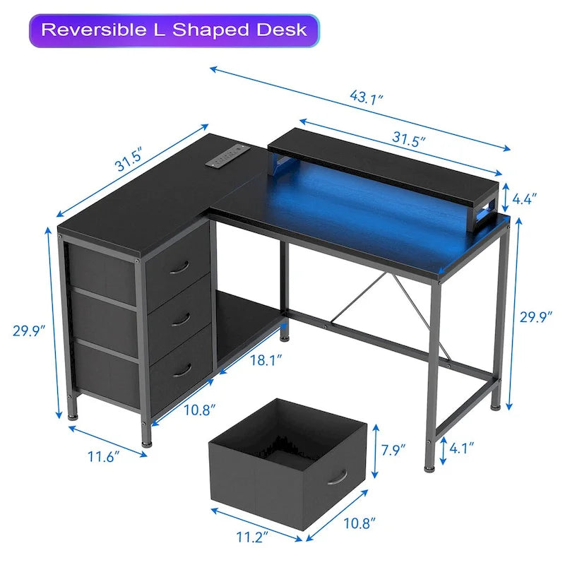 GIMMYFIVE L Shaped Gaming Desk with Power Outlets & LED Lights
