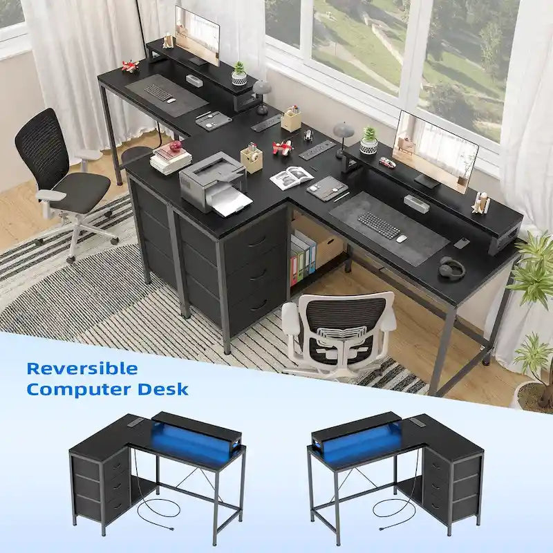 GIMMYFIVE L Shaped Gaming Desk with Power Outlets & LED Lights