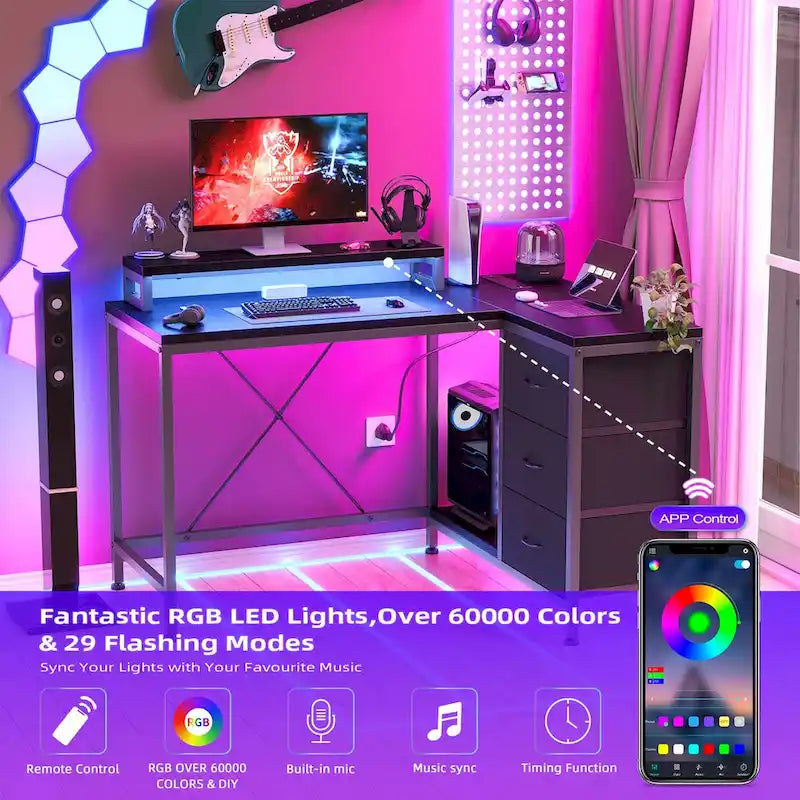 GIMMYFIVE L Shaped Gaming Desk with Power Outlets & LED Lights