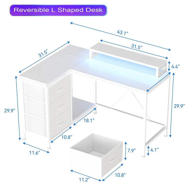 GIMMYFIVE L Shaped Gaming Desk with Power Outlets & LED Lights
