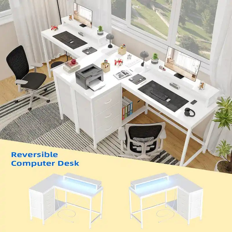 GIMMYFIVE L Shaped Gaming Desk with Power Outlets & LED Lights
