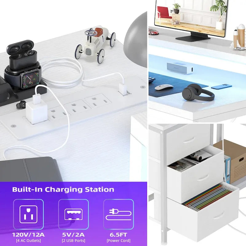 GIMMYFIVE L Shaped Gaming Desk with Power Outlets & LED Lights