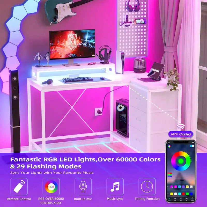 GIMMYFIVE L Shaped Gaming Desk with Power Outlets & LED Lights