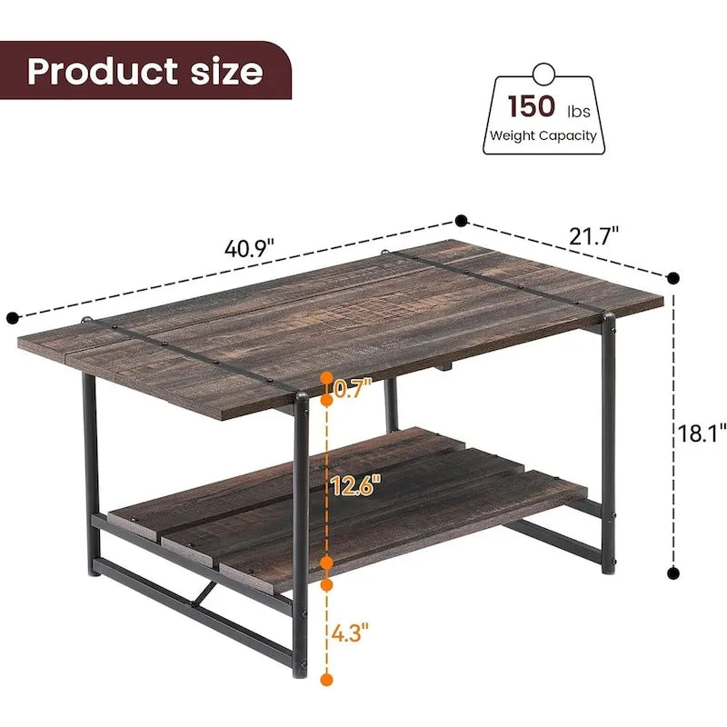 2-Tier Farmhouse 41 Large Wood Coffee Table with Shelf