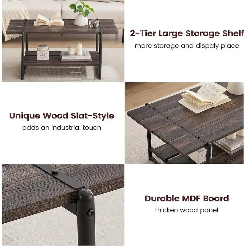 2-Tier Farmhouse 41 Large Wood Coffee Table with Shelf