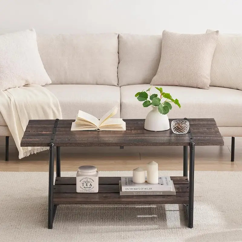 2-Tier Farmhouse 41 Large Wood Coffee Table with Shelf