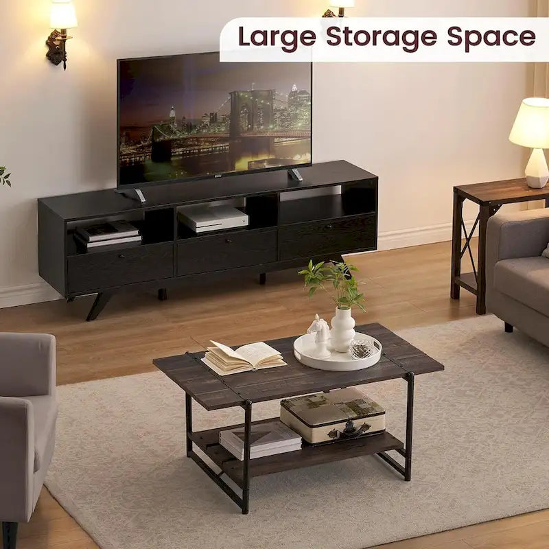 2-Tier Farmhouse 41 Large Wood Coffee Table with Shelf