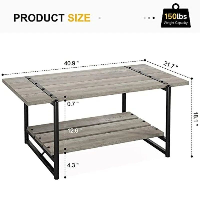 2-Tier Farmhouse 41 Large Wood Coffee Table with Shelf