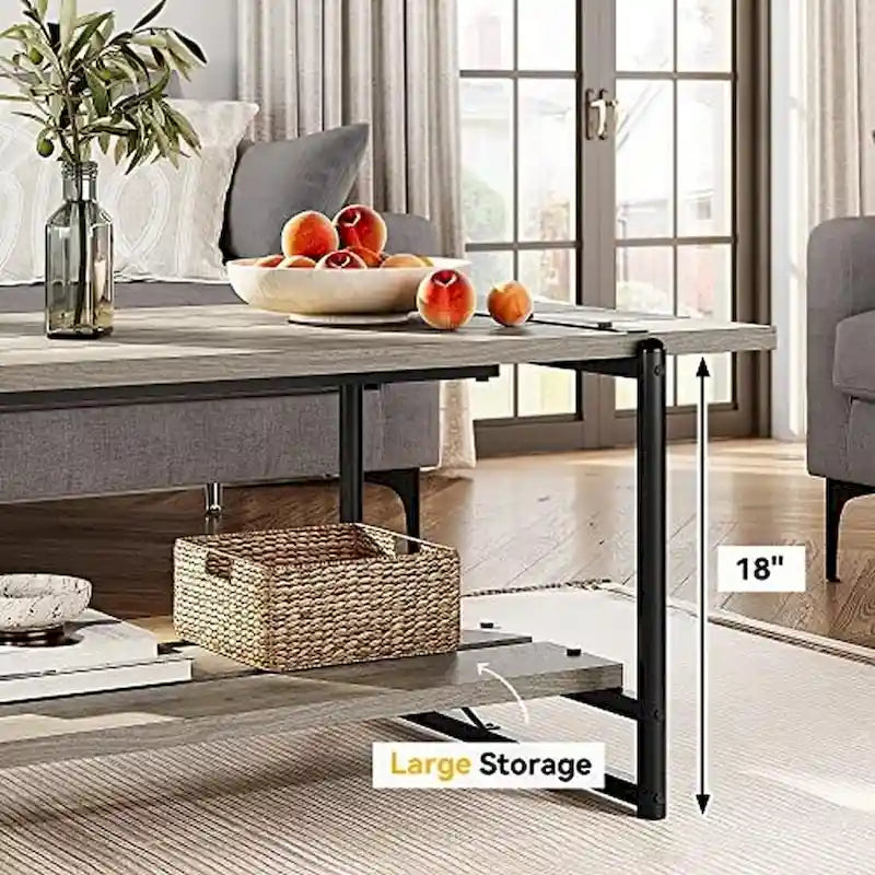 2-Tier Farmhouse 41 Large Wood Coffee Table with Shelf