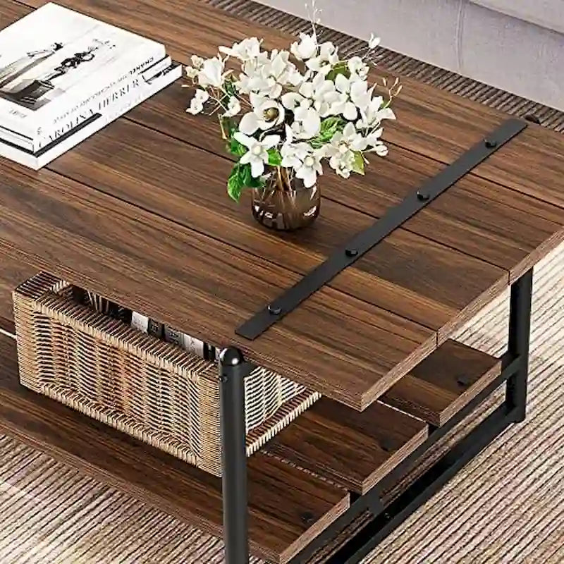 2-Tier Farmhouse 41 Large Wood Coffee Table with Shelf