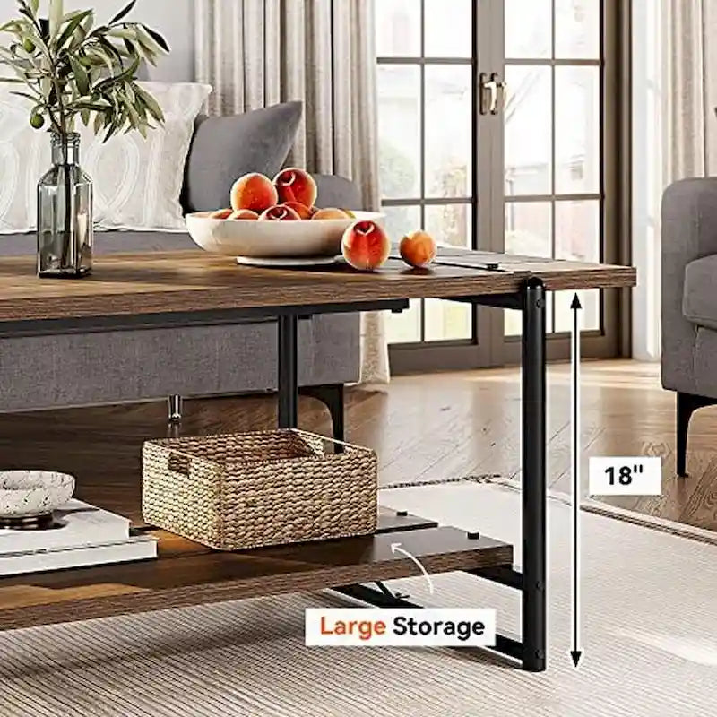 2-Tier Farmhouse 41 Large Wood Coffee Table with Shelf